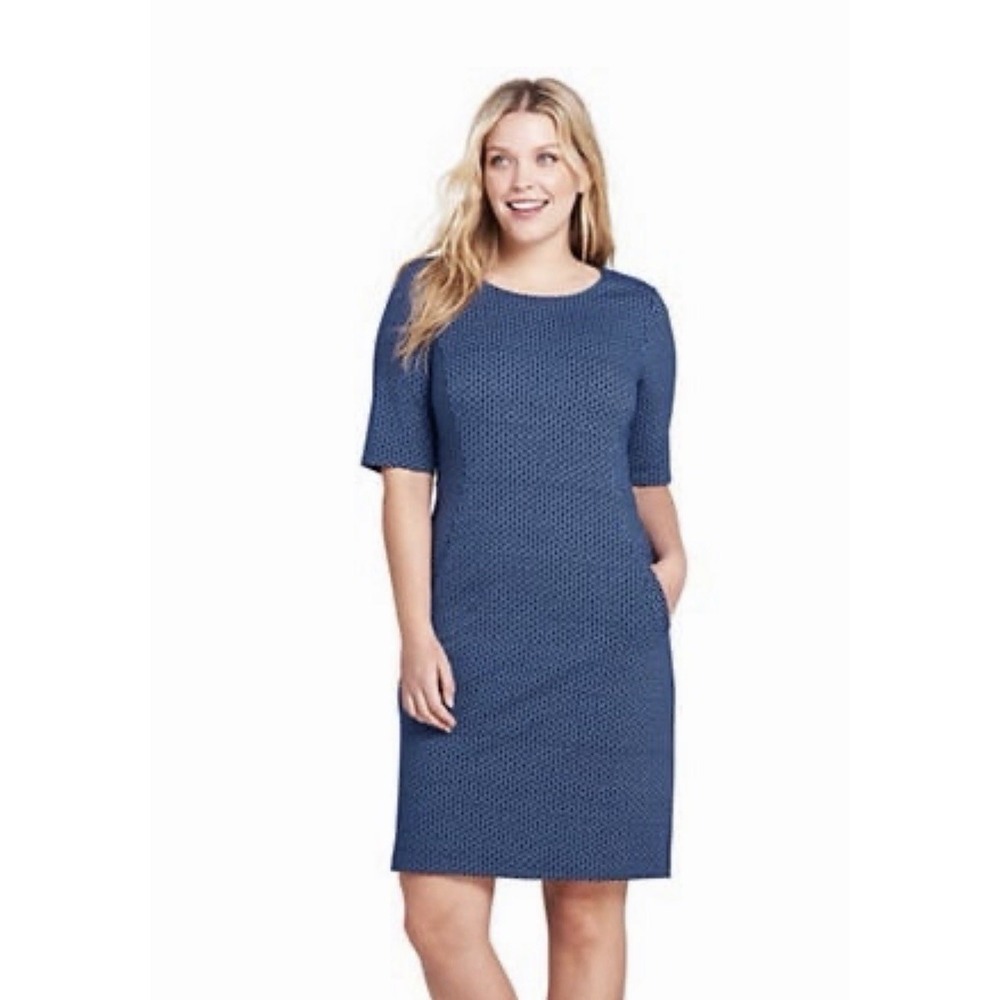 Land's End Women's Blue Triangle Print Sheath Dress Short Sleeves Pockets Size 6
